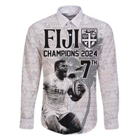 Custom Fiji Rugby Pacific Champions 2024 Family Matching Puletasi and Hawaiian Shirt Anniversary 7 Titles - Fijians Rugby and Tapa Hibiscus White Art LT03 Dad's Shirt - Long Sleeve White - Polynesian Pride