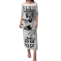 Custom Fiji Rugby Pacific Champions 2024 Family Matching Puletasi and Hawaiian Shirt Anniversary 7 Titles - Fijians Rugby and Tapa Hibiscus White Art LT03 Mom's Dress White - Polynesian Pride