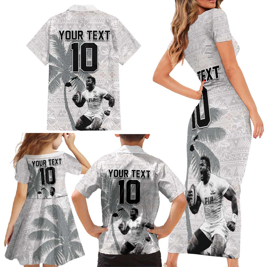 Custom Fiji Rugby Pacific Champions 2024 Family Matching Short Sleeve Bodycon Dress and Hawaiian Shirt Anniversary 7 Titles - Fijians Rugby and Tapa Hibiscus White Art LT03 - Polynesian Pride