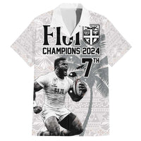Custom Fiji Rugby Pacific Champions 2024 Family Matching Short Sleeve Bodycon Dress and Hawaiian Shirt Anniversary 7 Titles - Fijians Rugby and Tapa Hibiscus White Art LT03 Dad's Shirt - Short Sleeve White - Polynesian Pride