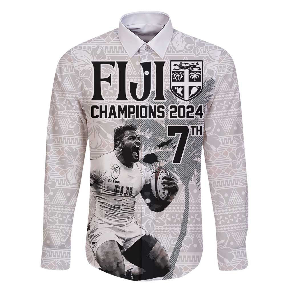 Custom Fiji Rugby Pacific Champions 2024 Family Matching Short Sleeve Bodycon Dress and Hawaiian Shirt Anniversary 7 Titles - Fijians Rugby and Tapa Hibiscus White Art LT03 Dad's Shirt - Long Sleeve White - Polynesian Pride