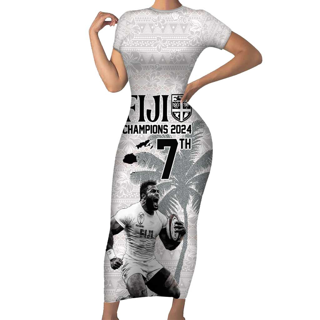 Custom Fiji Rugby Pacific Champions 2024 Family Matching Short Sleeve Bodycon Dress and Hawaiian Shirt Anniversary 7 Titles - Fijians Rugby and Tapa Hibiscus White Art LT03 Mom's Dress White - Polynesian Pride