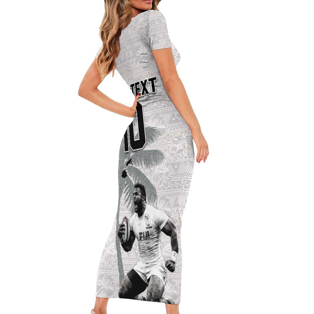 Custom Fiji Rugby Pacific Champions 2024 Family Matching Short Sleeve Bodycon Dress and Hawaiian Shirt Anniversary 7 Titles - Fijians Rugby and Tapa Hibiscus White Art LT03 - Polynesian Pride