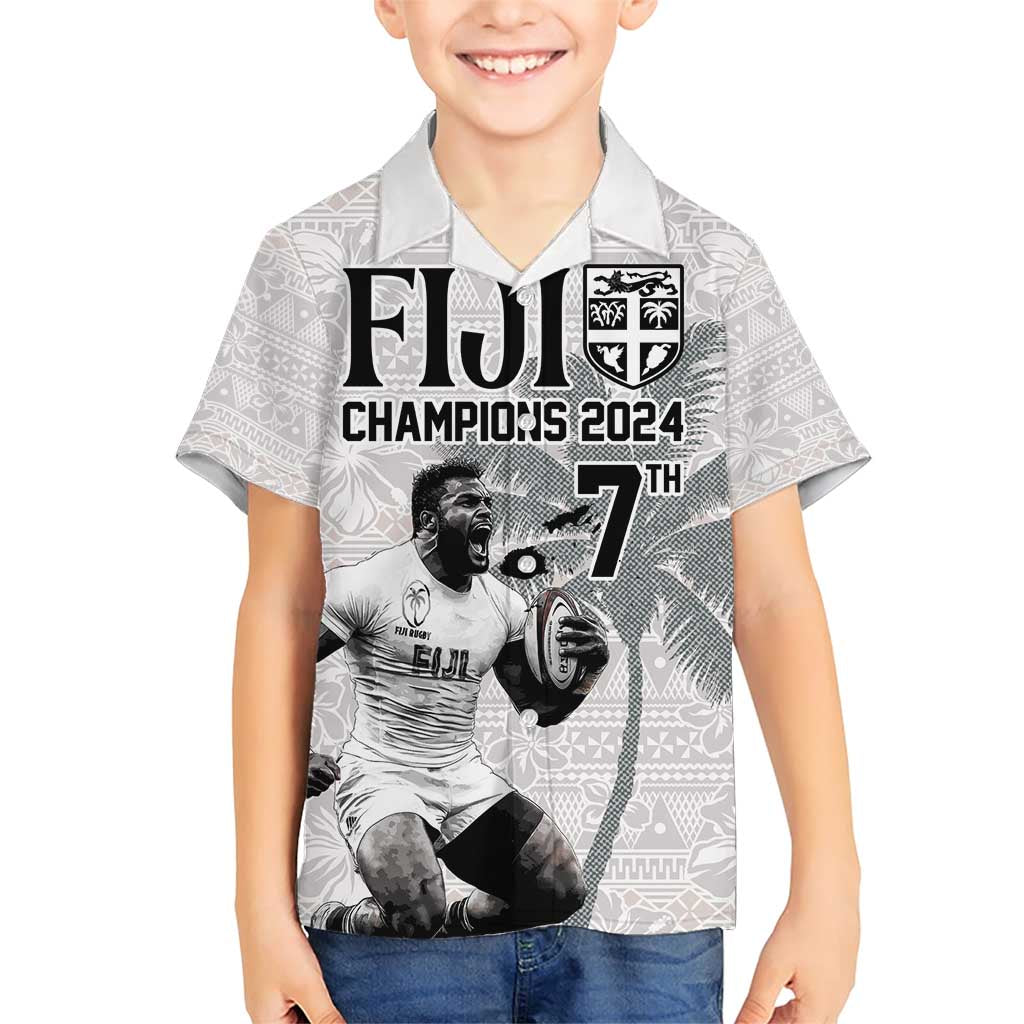Custom Fiji Rugby Pacific Champions 2024 Family Matching Short Sleeve Bodycon Dress and Hawaiian Shirt Anniversary 7 Titles - Fijians Rugby and Tapa Hibiscus White Art LT03 Son's Shirt White - Polynesian Pride