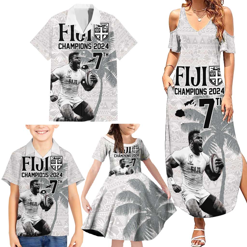 Custom Fiji Rugby Pacific Champions 2024 Family Matching Summer Maxi Dress and Hawaiian Shirt Anniversary 7 Titles - Fijians Rugby and Tapa Hibiscus White Art LT03 - Polynesian Pride