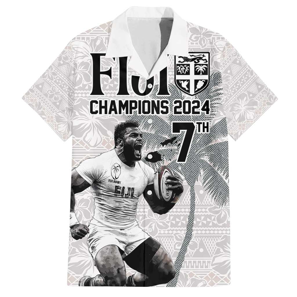 Custom Fiji Rugby Pacific Champions 2024 Family Matching Summer Maxi Dress and Hawaiian Shirt Anniversary 7 Titles - Fijians Rugby and Tapa Hibiscus White Art LT03 Dad's Shirt - Short Sleeve White - Polynesian Pride