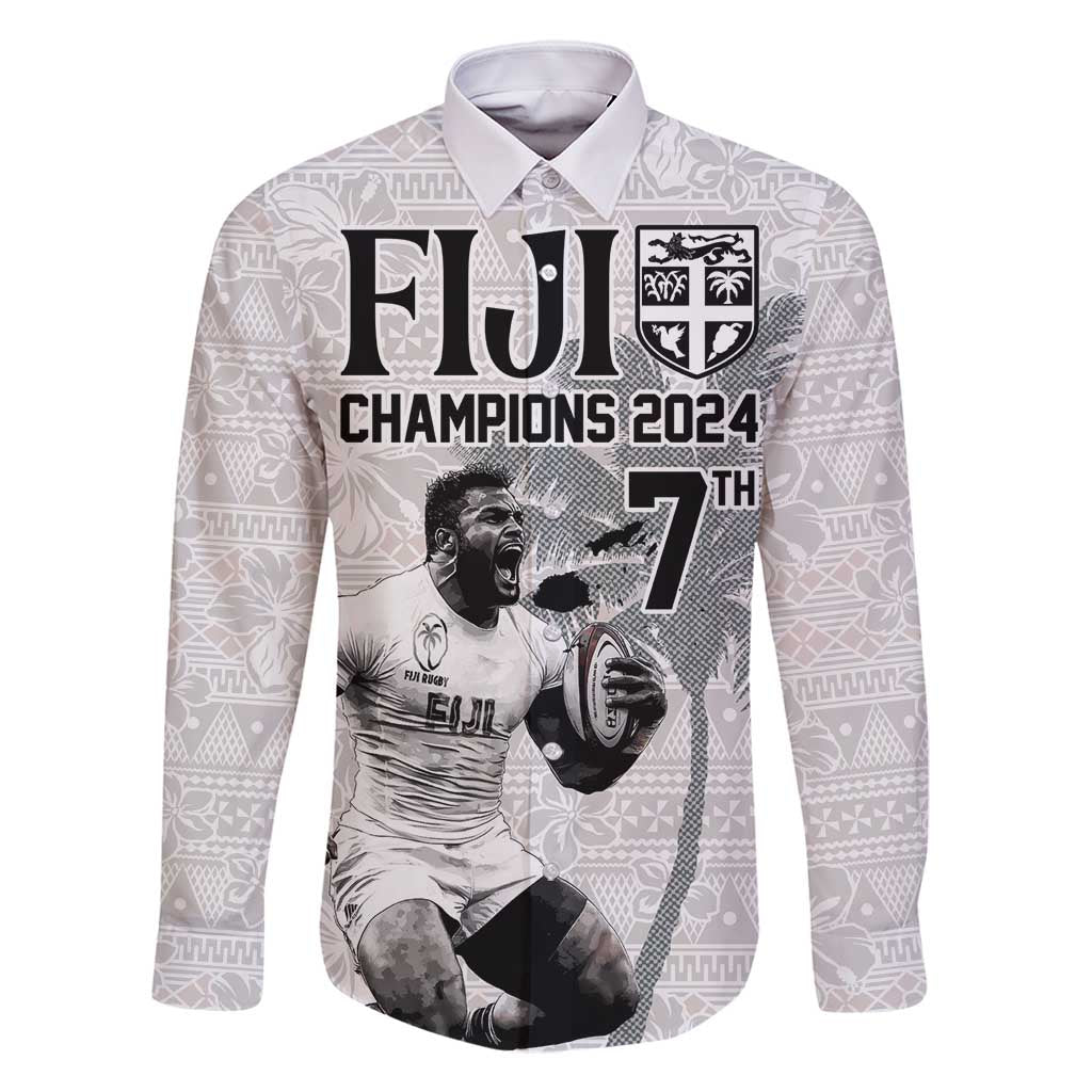 Custom Fiji Rugby Pacific Champions 2024 Family Matching Summer Maxi Dress and Hawaiian Shirt Anniversary 7 Titles - Fijians Rugby and Tapa Hibiscus White Art LT03 Dad's Shirt - Long Sleeve White - Polynesian Pride