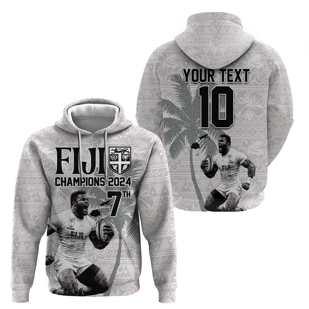 Custom Fiji Rugby Pacific Champions 2024 Hoodie Anniversary 7 Titles - Fijians Rugby and Tapa Hibiscus White Art LT03 - Polynesian Pride