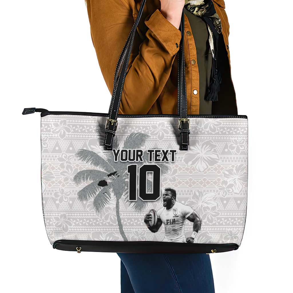 Custom Fiji Rugby Pacific Champions 2024 Leather Tote Bag Anniversary 7 Titles - Fijians Rugby and Tapa Hibiscus White Art