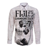 Custom Fiji Rugby Pacific Champions 2024 Long Sleeve Button Shirt Anniversary 7 Titles - Fijians Rugby and Tapa Hibiscus White Art LT03 Unisex White - Polynesian Pride