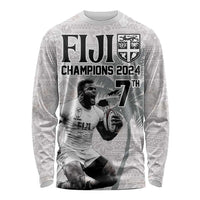 Custom Fiji Rugby Pacific Champions 2024 Long Sleeve Shirt Anniversary 7 Titles - Fijians Rugby and Tapa Hibiscus White Art LT03 Unisex White - Polynesian Pride