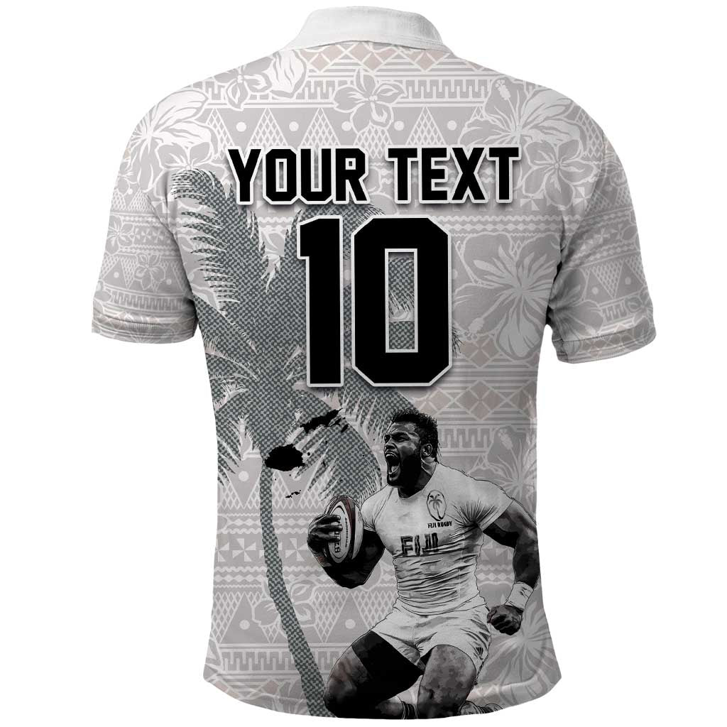 Custom Fiji Rugby Pacific Champions 2024 Polo Shirt Anniversary 7 Titles - Fijians Rugby and Tapa Hibiscus White Art
