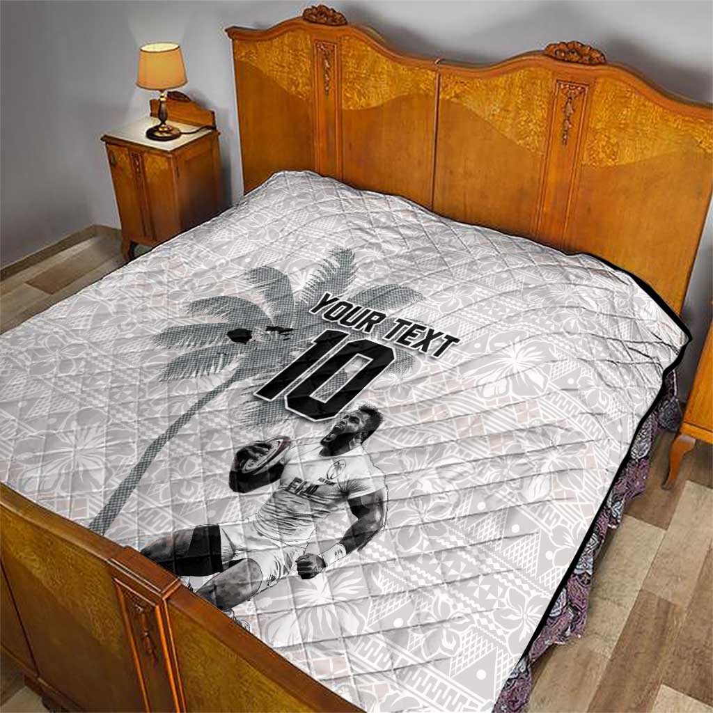 Custom Fiji Rugby Pacific Champions 2024 Quilt Anniversary 7 Titles - Fijians Rugby and Tapa Hibiscus White Art