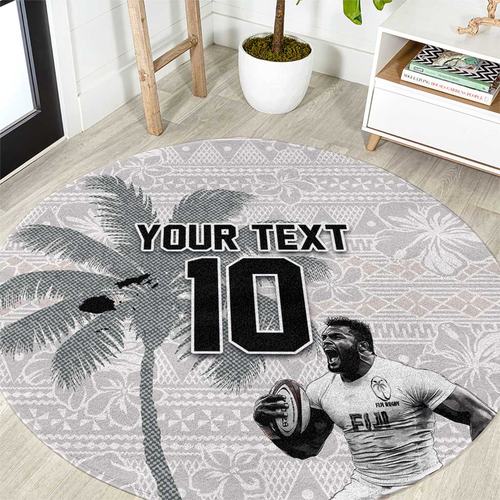 Custom Fiji Rugby Pacific Champions 2024 Round Carpet Anniversary 7 Titles - Fijians Rugby and Tapa Hibiscus White Art LT03 White - Polynesian Pride