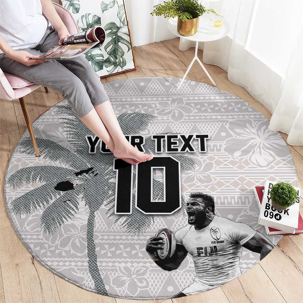 Custom Fiji Rugby Pacific Champions 2024 Round Carpet Anniversary 7 Titles - Fijians Rugby and Tapa Hibiscus White Art LT03 - Polynesian Pride