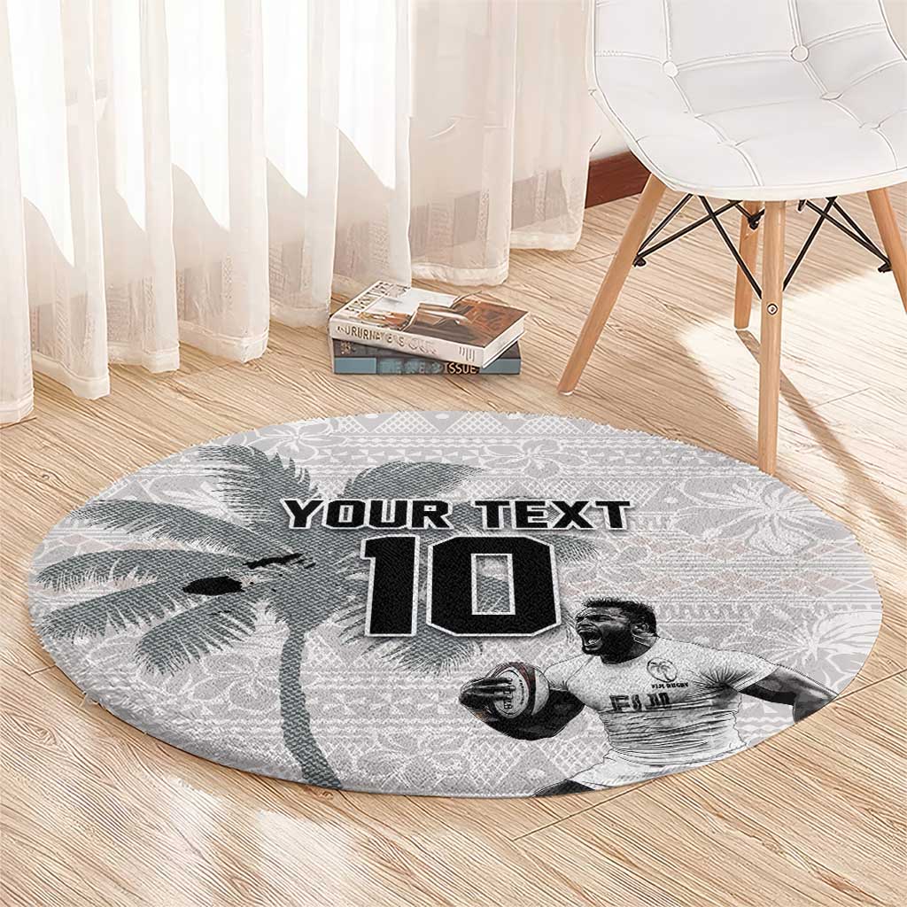 Custom Fiji Rugby Pacific Champions 2024 Round Carpet Anniversary 7 Titles - Fijians Rugby and Tapa Hibiscus White Art LT03 - Polynesian Pride