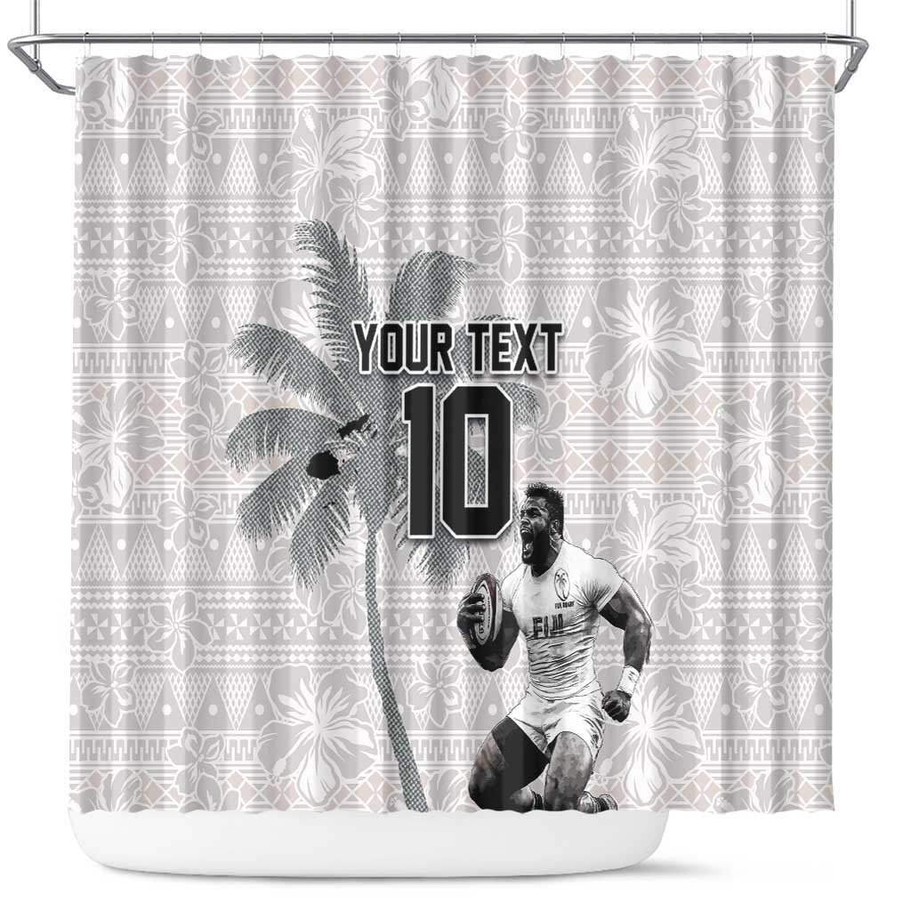 Custom Fiji Rugby Pacific Champions 2024 Shower Curtain Anniversary 7 Titles - Fijians Rugby and Tapa Hibiscus White Art LT03 White - Polynesian Pride
