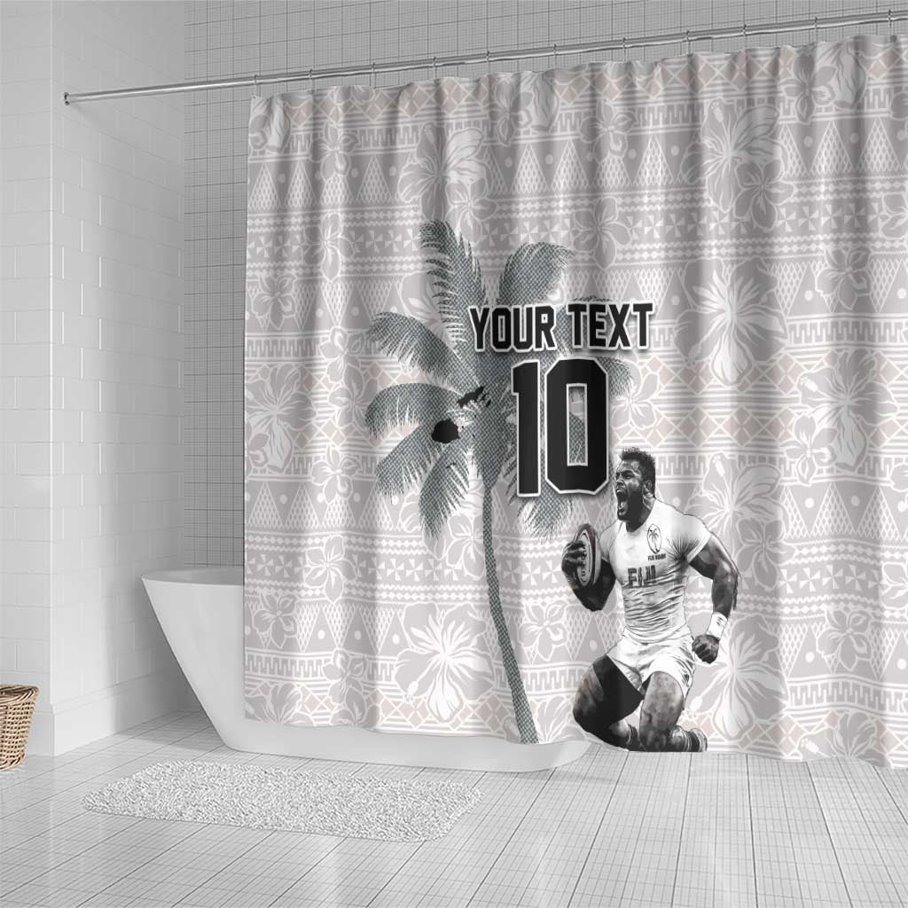 Custom Fiji Rugby Pacific Champions 2024 Shower Curtain Anniversary 7 Titles - Fijians Rugby and Tapa Hibiscus White Art LT03 - Polynesian Pride