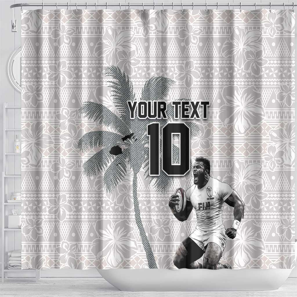 Custom Fiji Rugby Pacific Champions 2024 Shower Curtain Anniversary 7 Titles - Fijians Rugby and Tapa Hibiscus White Art LT03 - Polynesian Pride
