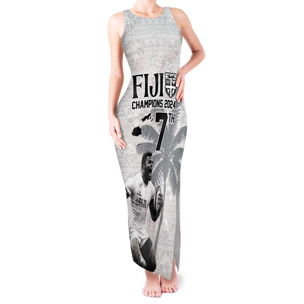 Custom Fiji Rugby Pacific Champions 2024 Tank Maxi Dress Anniversary 7 Titles - Fijians Rugby and Tapa Hibiscus White Art LT03 Women White - Polynesian Pride