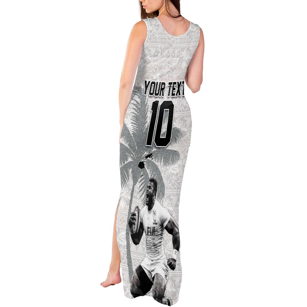 Custom Fiji Rugby Pacific Champions 2024 Tank Maxi Dress Anniversary 7 Titles - Fijians Rugby and Tapa Hibiscus White Art LT03 - Polynesian Pride