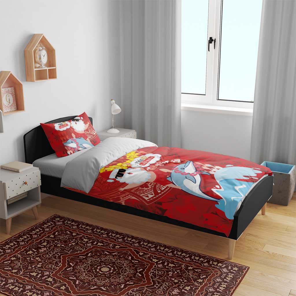 Hawaiian Mele Kalikimaka Bedding Set Funny Santa Riding Lei Dolphin with Kakau Tattoos - Polynesian Pride