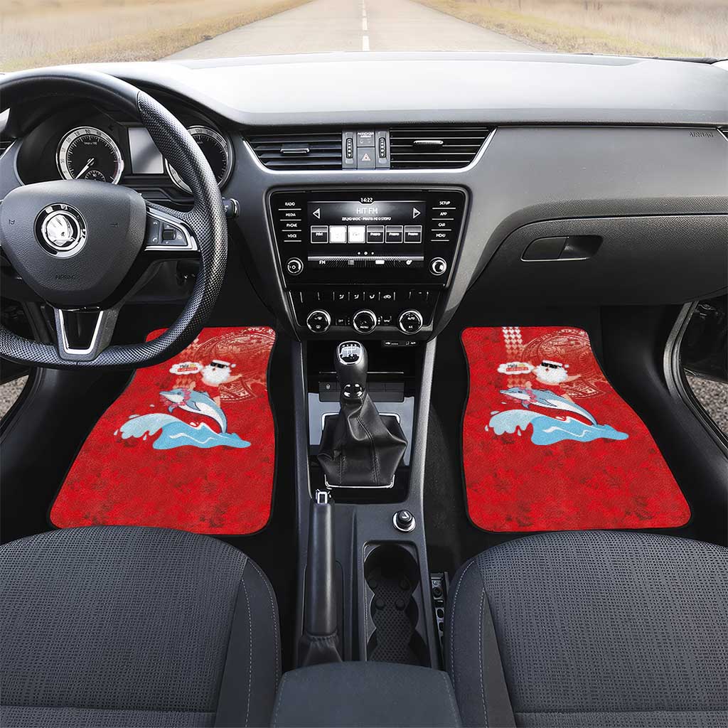 Hawaiian Mele Kalikimaka Car Mats Funny Santa Riding Lei Dolphin with Kakau Tattoos - Polynesian Pride