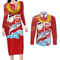 Hawaiian Mele Kalikimaka Couples Matching Long Sleeve Bodycon Dress and Long Sleeve Button Shirt Funny Santa Riding Lei Dolphin with Kakau Tattoos LT03 Red - Polynesian Pride
