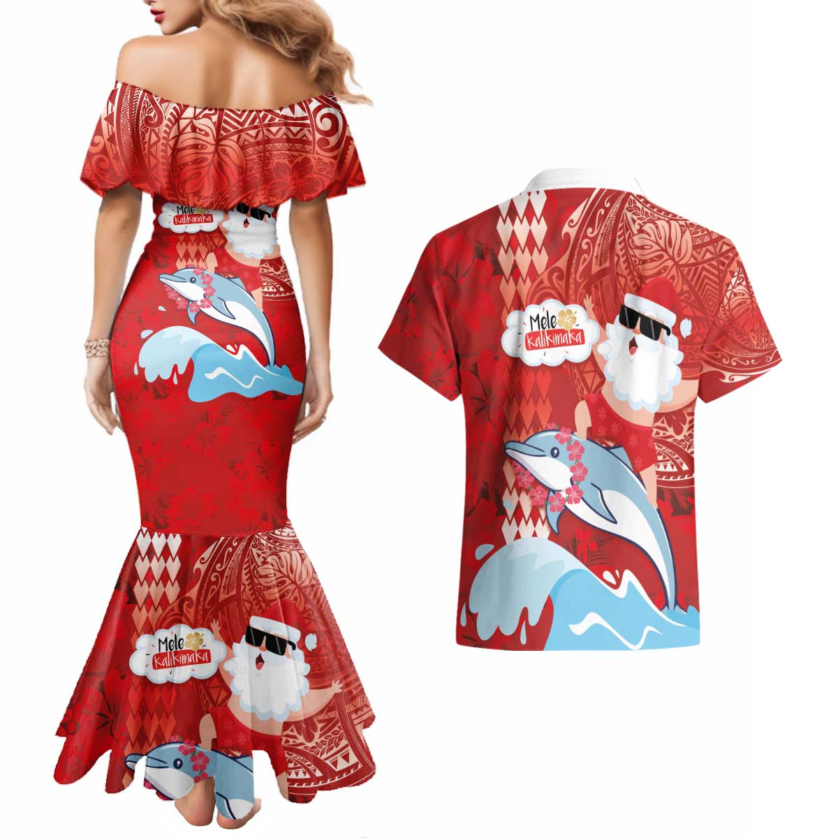 Hawaiian Mele Kalikimaka Couples Matching Mermaid Dress and Hawaiian Shirt Funny Santa Riding Lei Dolphin with Kakau Tattoos LT03 - Polynesian Pride