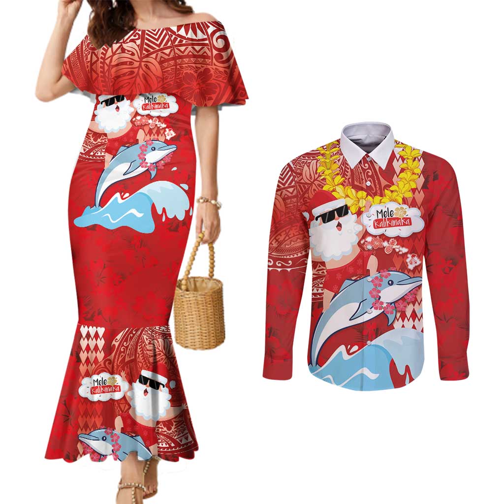 Hawaiian Mele Kalikimaka Couples Matching Mermaid Dress and Long Sleeve Button Shirt Funny Santa Riding Lei Dolphin with Kakau Tattoos LT03 Red - Polynesian Pride