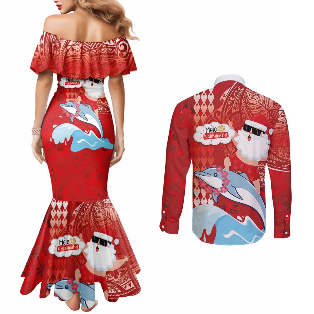 Hawaiian Mele Kalikimaka Couples Matching Mermaid Dress and Long Sleeve Button Shirt Funny Santa Riding Lei Dolphin with Kakau Tattoos LT03 - Polynesian Pride