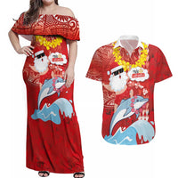 Hawaiian Mele Kalikimaka Couples Matching Off Shoulder Maxi Dress and Hawaiian Shirt Funny Santa Riding Lei Dolphin with Kakau Tattoos LT03 Red - Polynesian Pride