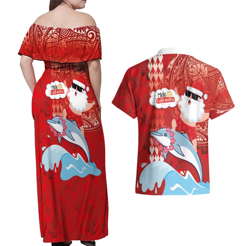Hawaiian Mele Kalikimaka Couples Matching Off Shoulder Maxi Dress and Hawaiian Shirt Funny Santa Riding Lei Dolphin with Kakau Tattoos LT03 - Polynesian Pride