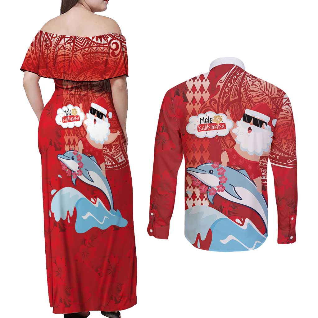 Hawaiian Mele Kalikimaka Couples Matching Off Shoulder Maxi Dress and Long Sleeve Button Shirt Funny Santa Riding Lei Dolphin with Kakau Tattoos LT03 - Polynesian Pride