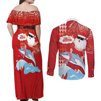 Hawaiian Mele Kalikimaka Couples Matching Off Shoulder Maxi Dress and Long Sleeve Button Shirt Funny Santa Riding Lei Dolphin with Kakau Tattoos LT03 - Polynesian Pride