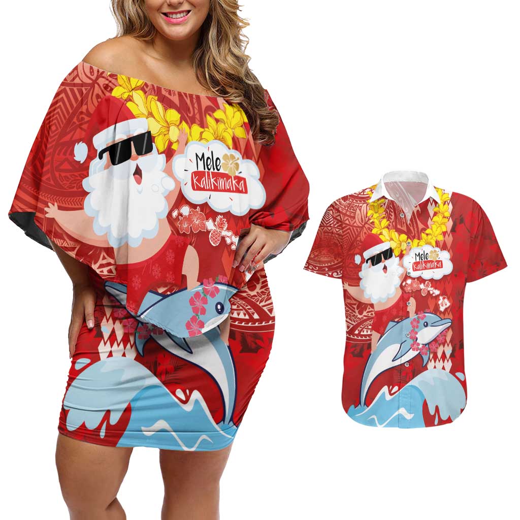 Hawaiian Mele Kalikimaka Couples Matching Off Shoulder Short Dress and Hawaiian Shirt Funny Santa Riding Lei Dolphin with Kakau Tattoos LT03 Red - Polynesian Pride