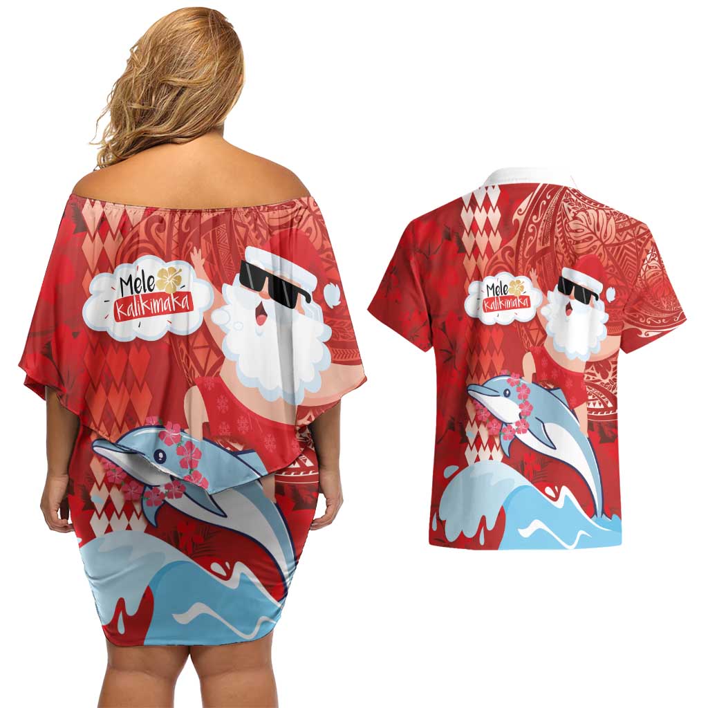 Hawaiian Mele Kalikimaka Couples Matching Off Shoulder Short Dress and Hawaiian Shirt Funny Santa Riding Lei Dolphin with Kakau Tattoos LT03 - Polynesian Pride