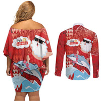 Hawaiian Mele Kalikimaka Couples Matching Off Shoulder Short Dress and Long Sleeve Button Shirt Funny Santa Riding Lei Dolphin with Kakau Tattoos LT03 - Polynesian Pride