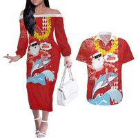 Hawaiian Mele Kalikimaka Couples Matching Off The Shoulder Long Sleeve Dress and Hawaiian Shirt Funny Santa Riding Lei Dolphin with Kakau Tattoos LT03 Red - Polynesian Pride