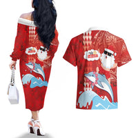 Hawaiian Mele Kalikimaka Couples Matching Off The Shoulder Long Sleeve Dress and Hawaiian Shirt Funny Santa Riding Lei Dolphin with Kakau Tattoos LT03 - Polynesian Pride