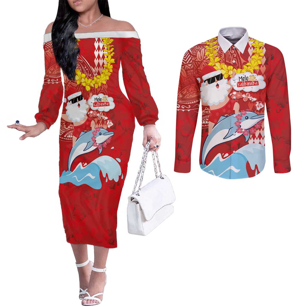Hawaiian Mele Kalikimaka Couples Matching Off The Shoulder Long Sleeve Dress and Long Sleeve Button Shirt Funny Santa Riding Lei Dolphin with Kakau Tattoos LT03 Red - Polynesian Pride