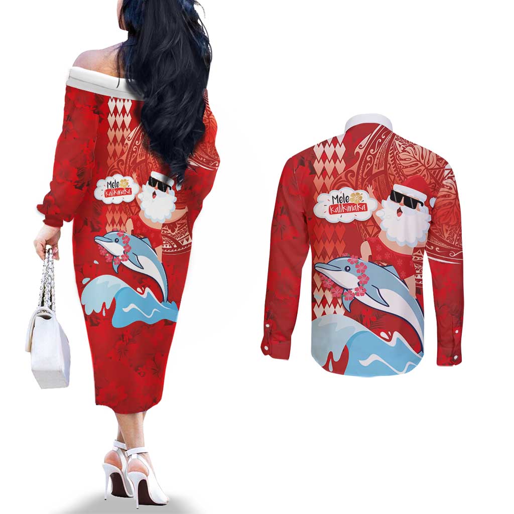 Hawaiian Mele Kalikimaka Couples Matching Off The Shoulder Long Sleeve Dress and Long Sleeve Button Shirt Funny Santa Riding Lei Dolphin with Kakau Tattoos LT03 - Polynesian Pride