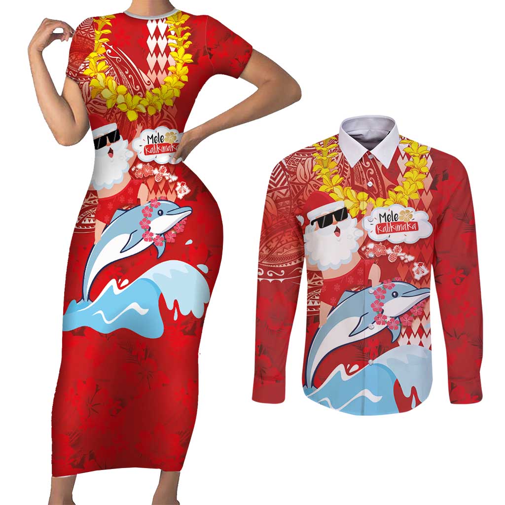 Hawaiian Mele Kalikimaka Couples Matching Short Sleeve Bodycon Dress and Long Sleeve Button Shirt Funny Santa Riding Lei Dolphin with Kakau Tattoos LT03 Red - Polynesian Pride
