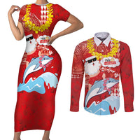 Hawaiian Mele Kalikimaka Couples Matching Short Sleeve Bodycon Dress and Long Sleeve Button Shirt Funny Santa Riding Lei Dolphin with Kakau Tattoos LT03 Red - Polynesian Pride