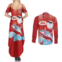 Hawaiian Mele Kalikimaka Couples Matching Summer Maxi Dress and Long Sleeve Button Shirt Funny Santa Riding Lei Dolphin with Kakau Tattoos LT03 - Polynesian Pride