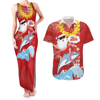 Hawaiian Mele Kalikimaka Couples Matching Tank Maxi Dress and Hawaiian Shirt Funny Santa Riding Lei Dolphin with Kakau Tattoos LT03 Red - Polynesian Pride