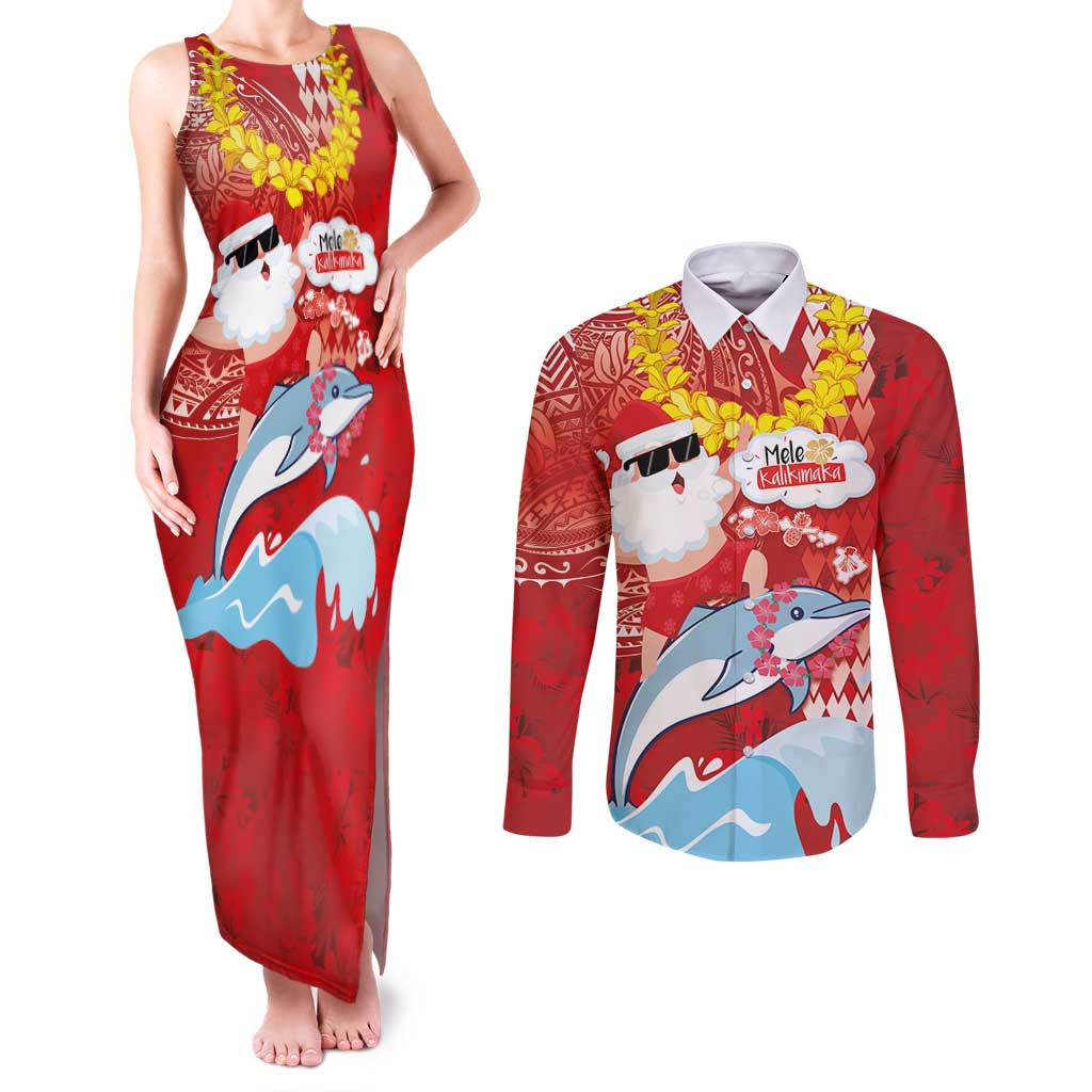 Hawaiian Mele Kalikimaka Couples Matching Tank Maxi Dress and Long Sleeve Button Shirt Funny Santa Riding Lei Dolphin with Kakau Tattoos LT03 Red - Polynesian Pride
