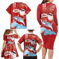 Hawaiian Mele Kalikimaka Family Matching Long Sleeve Bodycon Dress and Hawaiian Shirt Funny Santa Riding Lei Dolphin with Kakau Tattoos LT03 - Polynesian Pride