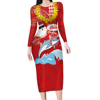 Hawaiian Mele Kalikimaka Family Matching Long Sleeve Bodycon Dress and Hawaiian Shirt Funny Santa Riding Lei Dolphin with Kakau Tattoos LT03 Mom's Dress Red - Polynesian Pride