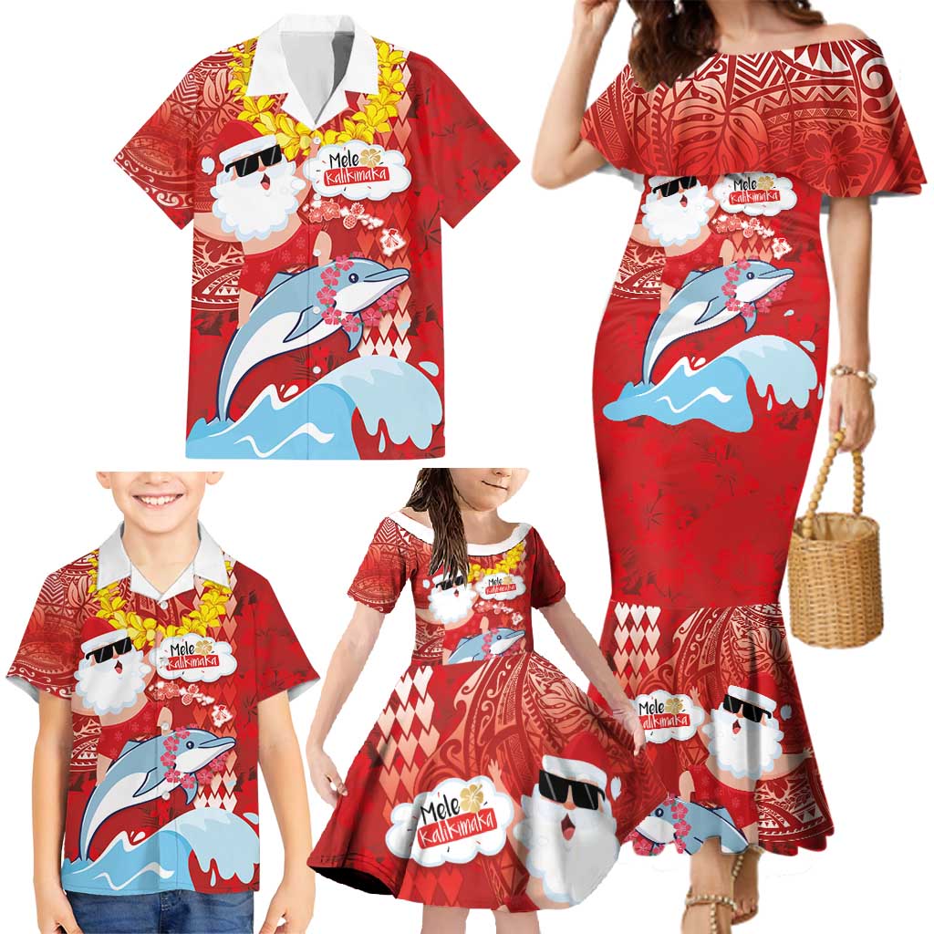 Hawaiian Mele Kalikimaka Family Matching Mermaid Dress and Hawaiian Shirt Funny Santa Riding Lei Dolphin with Kakau Tattoos LT03 - Polynesian Pride